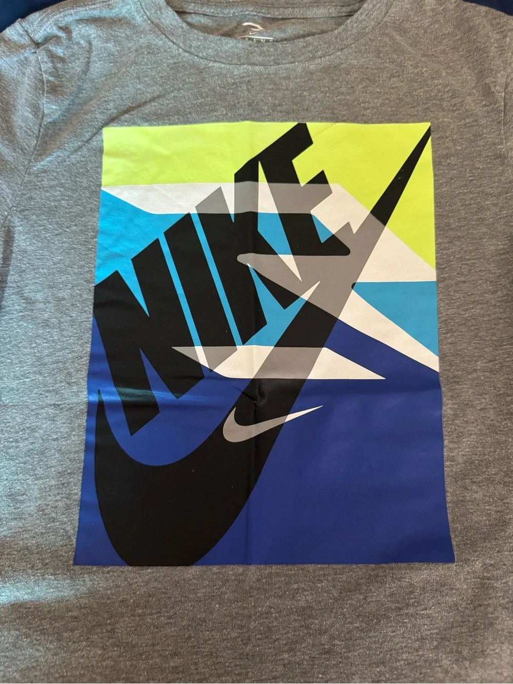 Nike Youth Gray Graphic Tee with Blue & Neon Accents